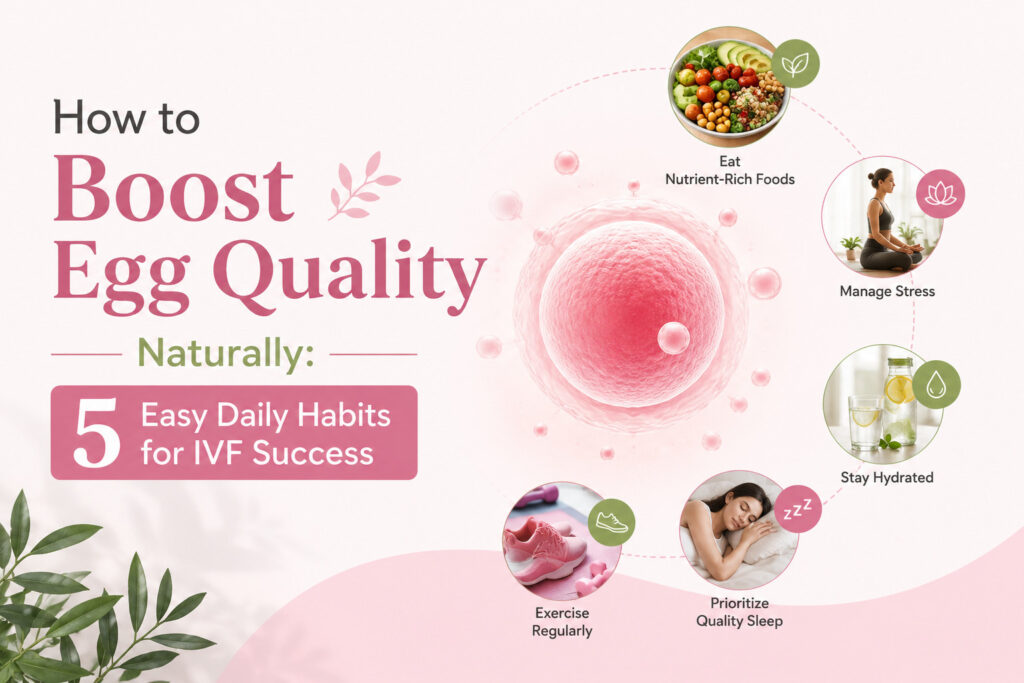 Infographic showing how to boost egg quality naturally with 5 easy daily habits for IVF success at Alka IVF clinic.