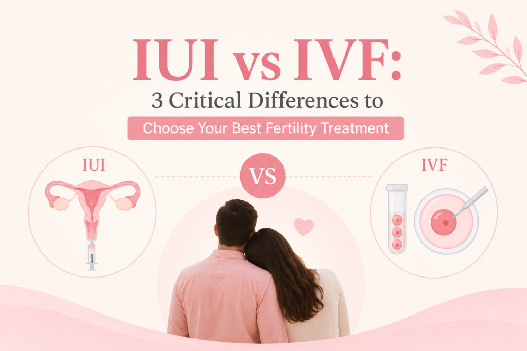Infographic showing IUI vs IVF differences with clinical medical diagrams by Alka IVF Shree Kanak Hospital.
