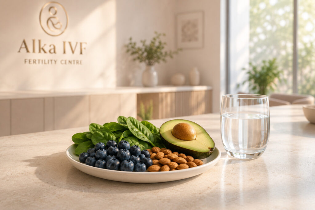 Healthy IVF Diet Plan foods including fresh avocado, blueberries, almonds, and spinach next to a glass of water at Alka IVF clinic.