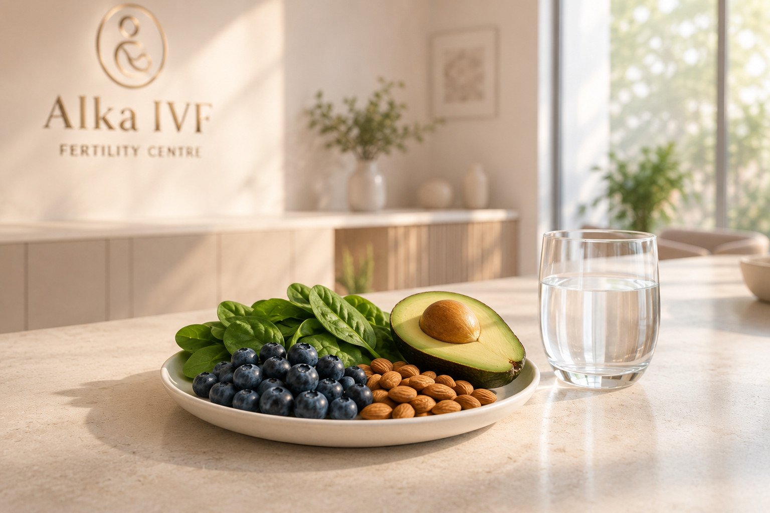 Healthy IVF Diet Plan foods including fresh avocado, blueberries, almonds, and spinach next to a glass of water at Alka IVF clinic.