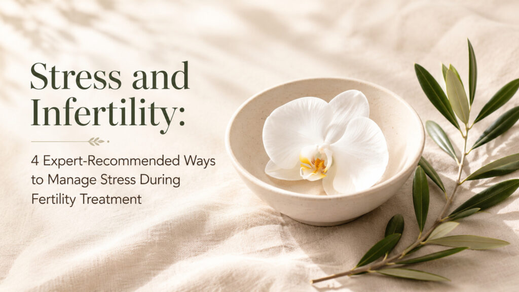 A minimal aesthetic featured image for a blog titled Stress and Infertility with an off-white bowl holding a single orchid flower, representing calm and peace during fertility treatment at Alka IVF.