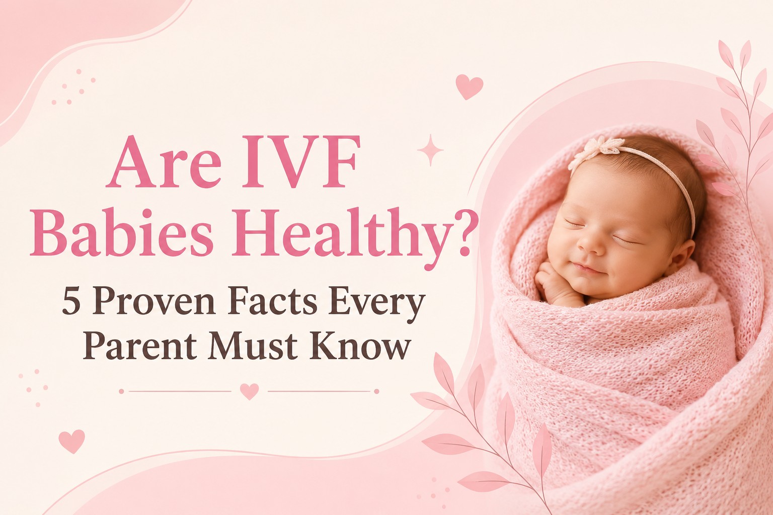 A cute sleeping newborn baby wrapped in a pink blanket with text reading Are IVF Babies Healthy? 5 Proven Facts Every Parent Must Know