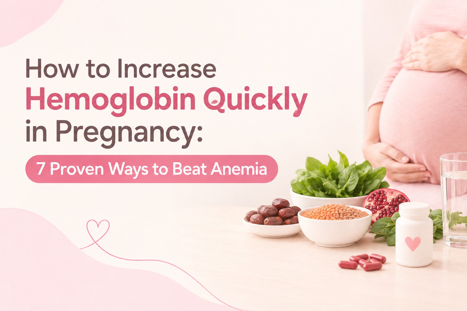 How to increase hemoglobin quickly in pregnancy displaying iron-rich foods, spinach, pomegranate, lentils, dates, and iron supplements.