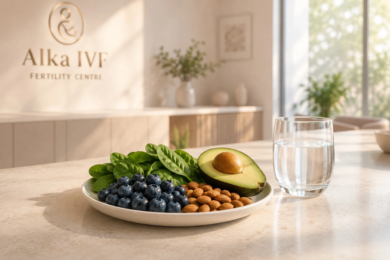 Healthy IVF Diet Plan foods including fresh avocado, blueberries, almonds, and spinach next to a glass of water at Alka IVF clinic.