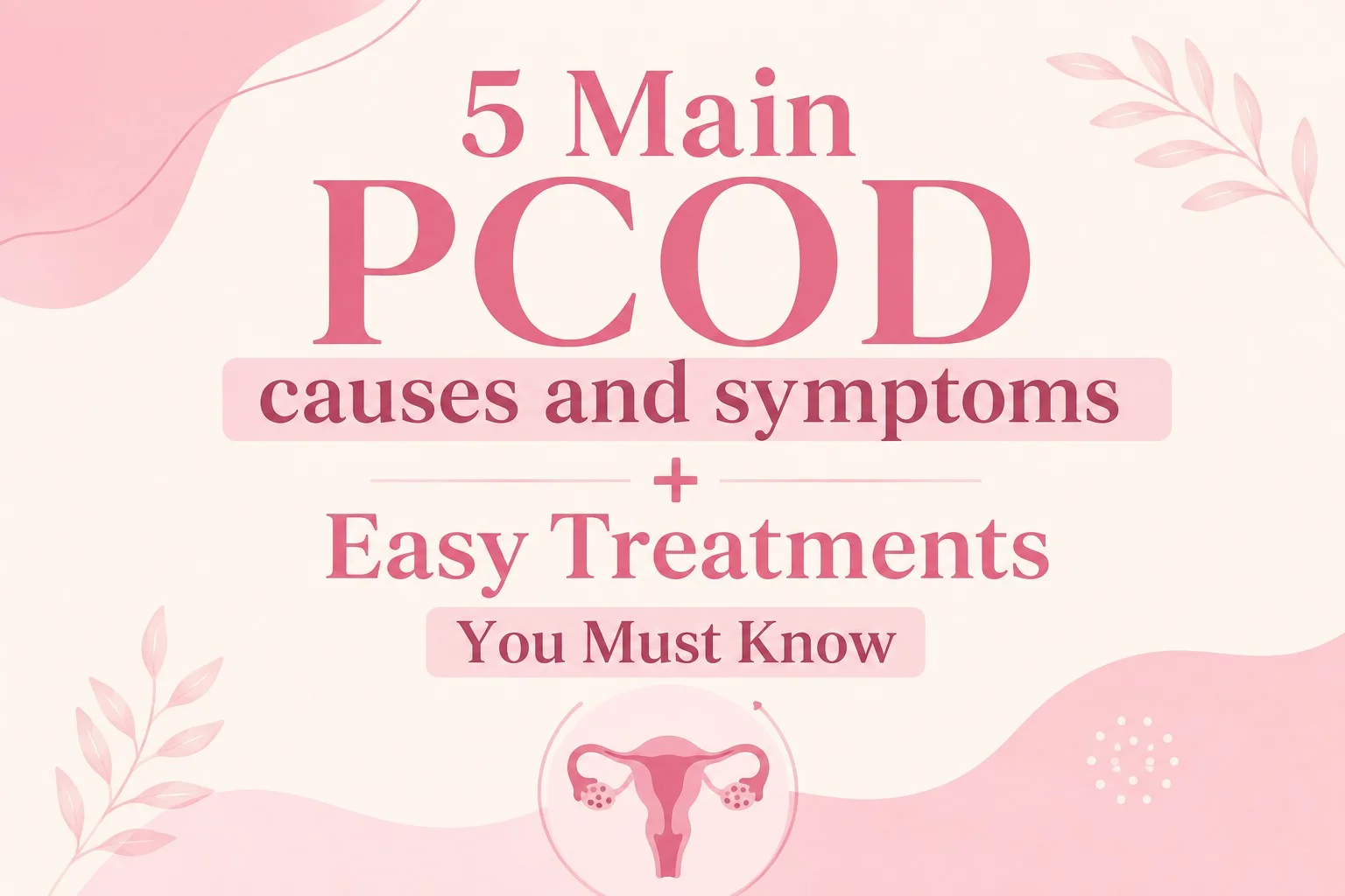 Guide on PCOD causes and symptoms plus easy treatments featuring an icon of female ovaries.