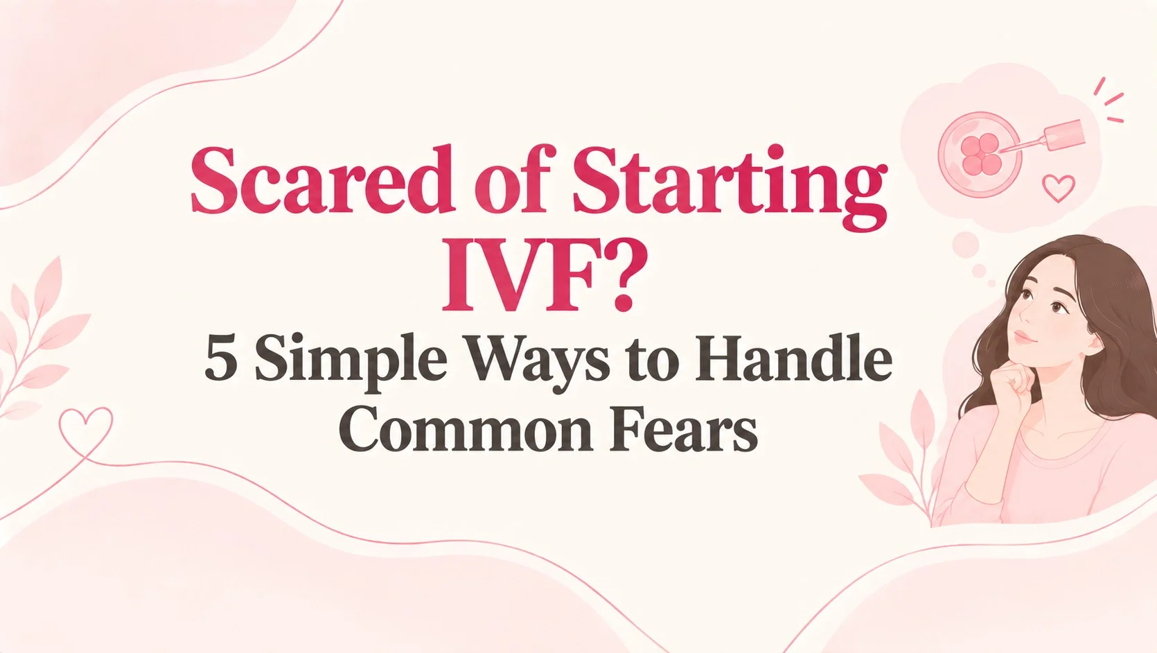 Illustration banner with text Scared of Starting IVF? 5 Simple Ways to Handle Common Fears, featuring a thoughtful woman and an IVF fertility process icon.